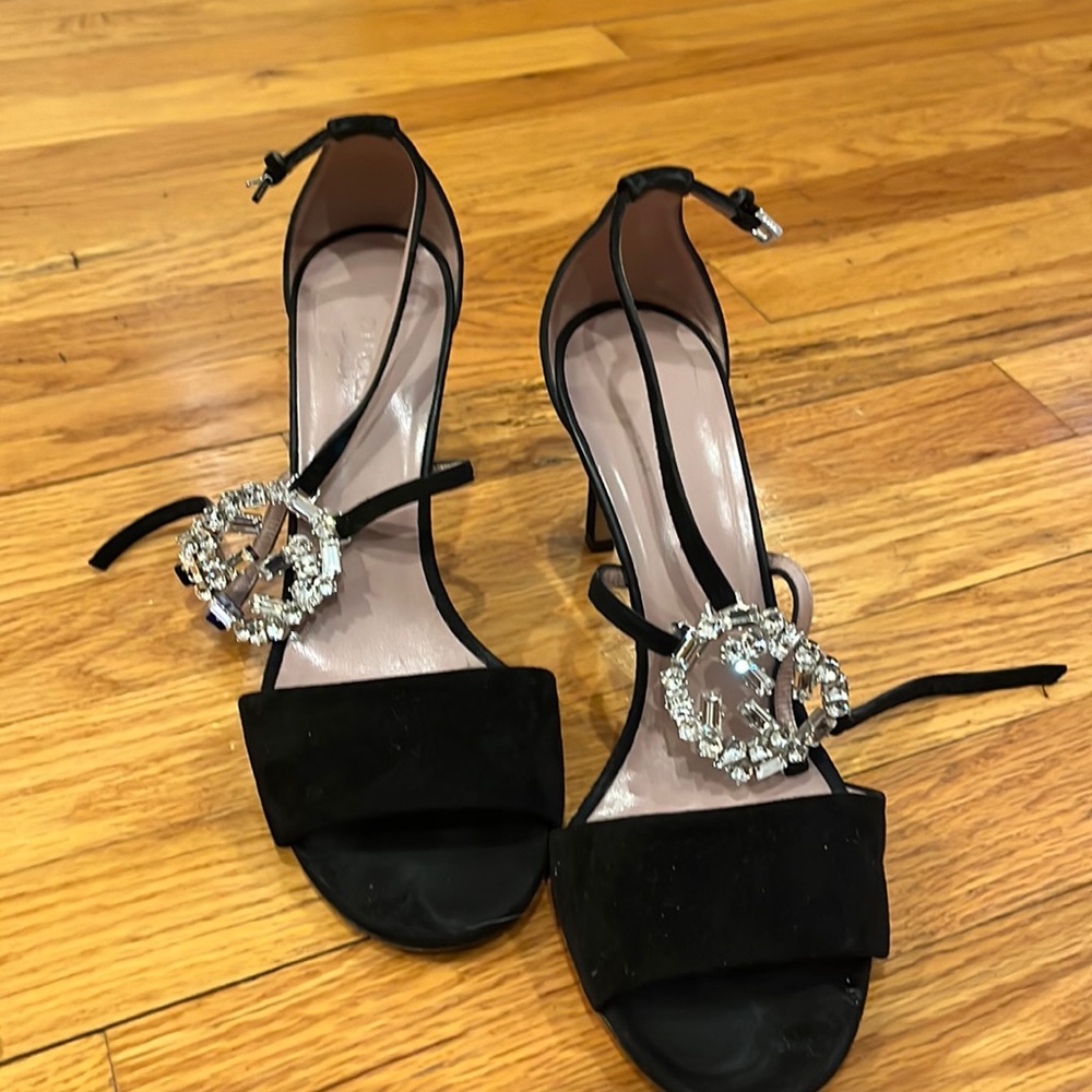 Gucci blk suede with rhinestone buckle GUCCI sandals. 4inch heel.